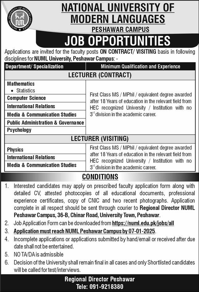 NUML Peshawar Campus Jobs 2025 Advertisement