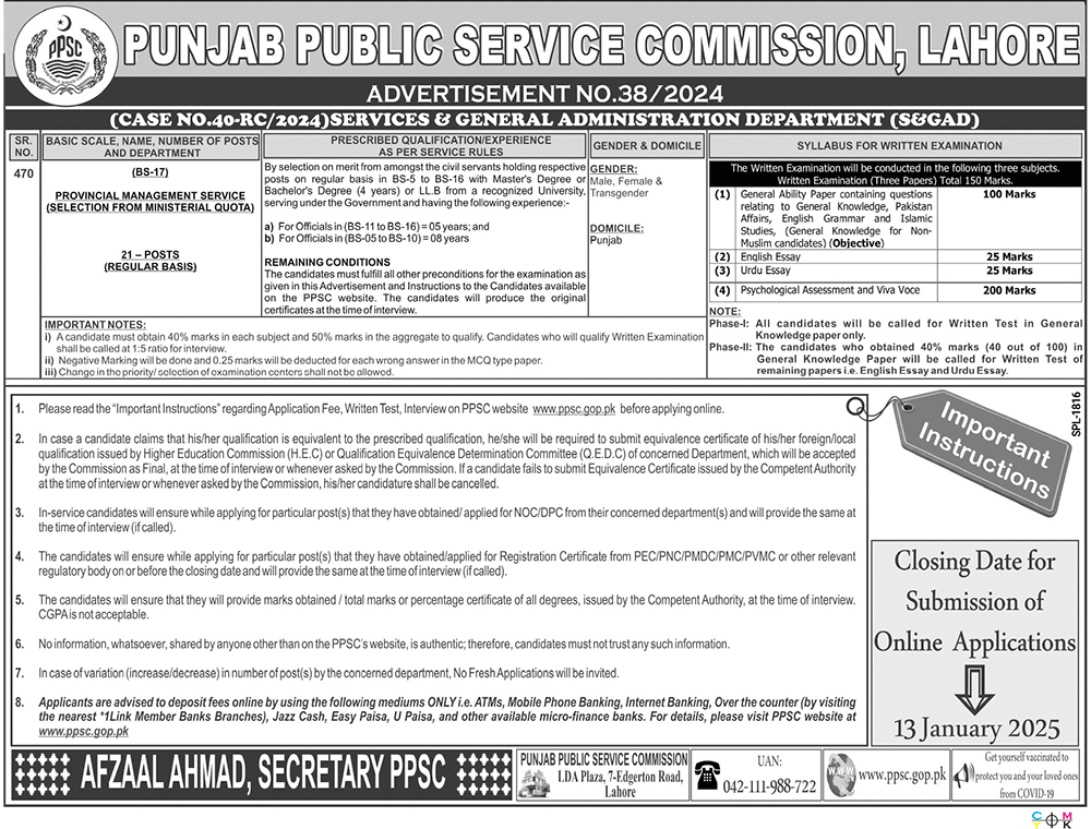 PPSC Latest Advertisement No 38 Jobs