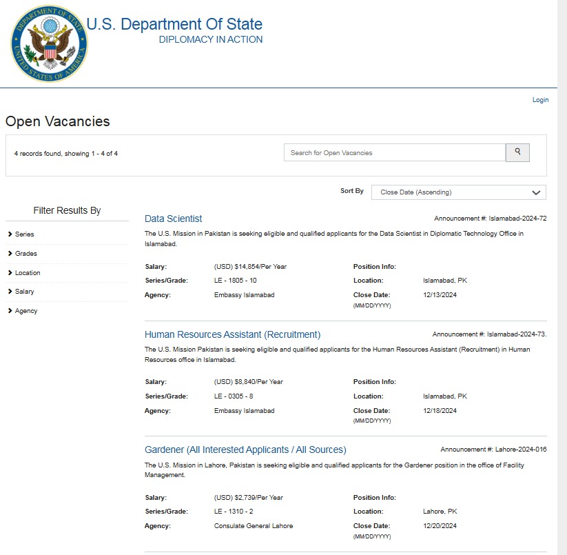 U.S. Embassy Jobs in Islamabad 2024 Advertisement