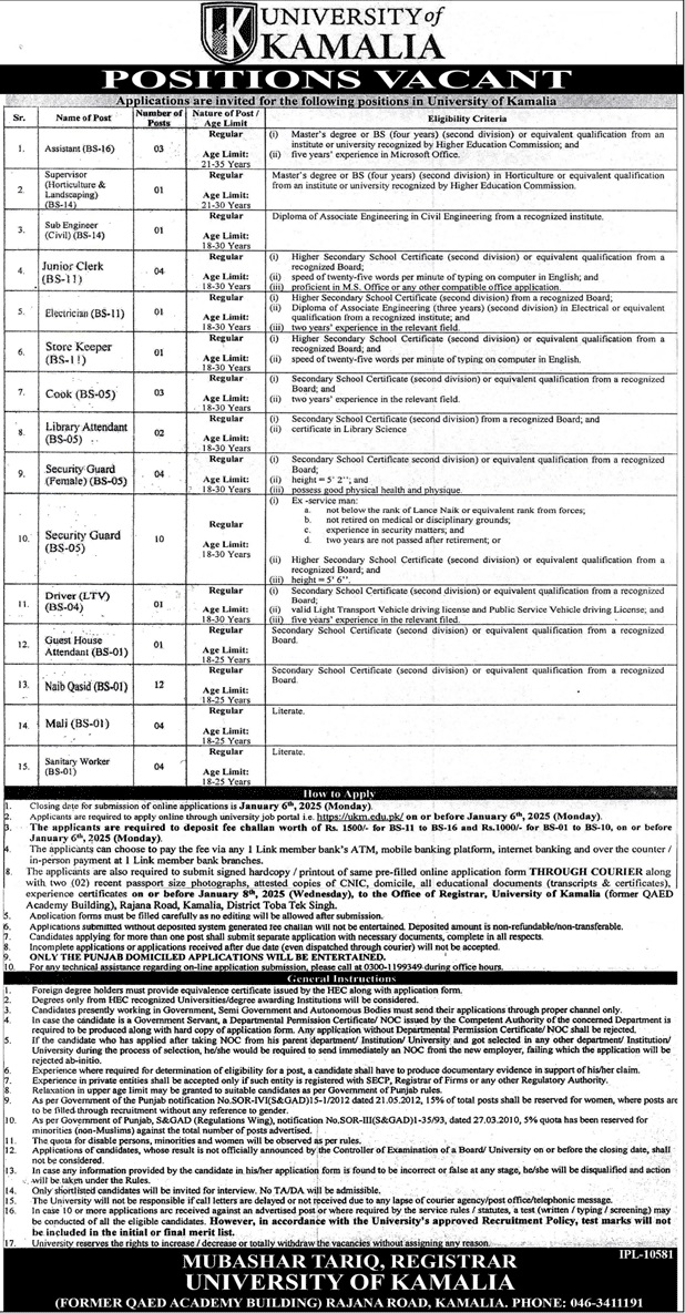 University of Kamalia Jobs 2025 Advertisement: