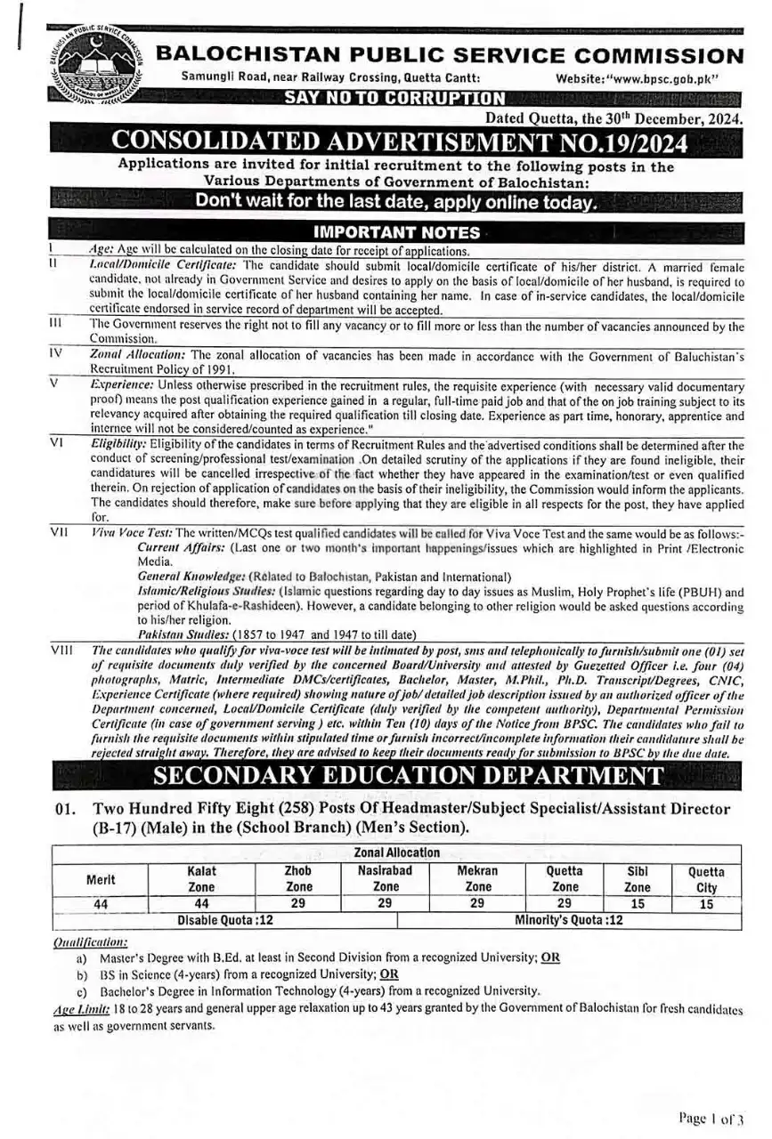 BPSC Jobs Advertisement No 19/2024 Page 1: