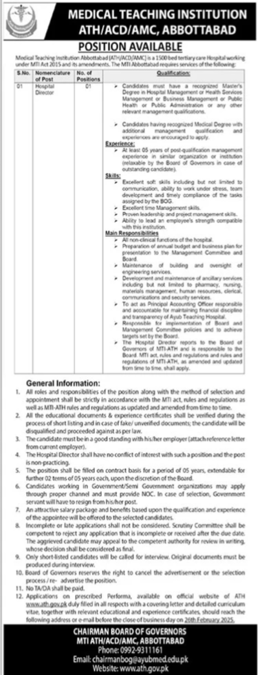 Ayub Teaching Hospital Jobs 2025 Advertisement