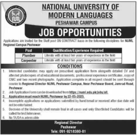 NUML Peshawar Jobs 2025 Today Advertisement