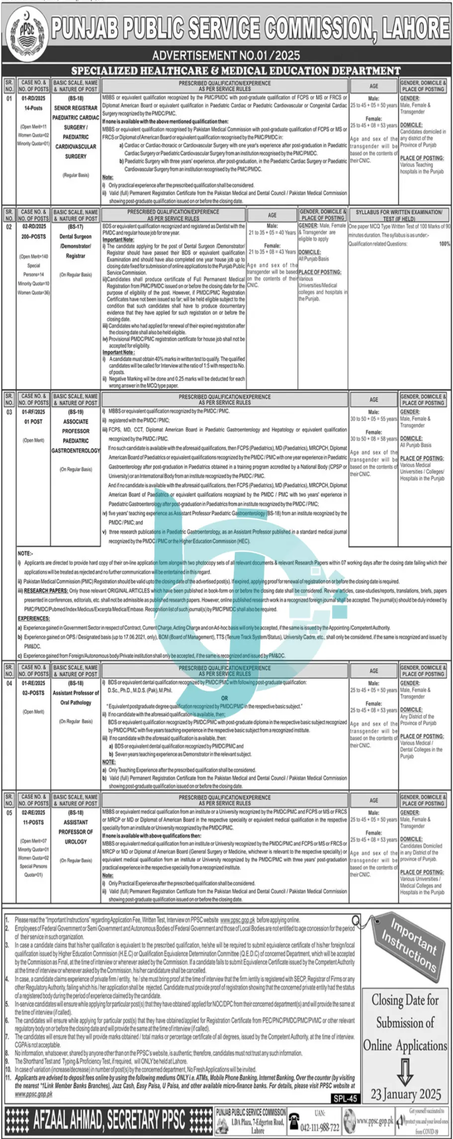 PPSC Jobs Advertisement No 1 2025 Advertisement