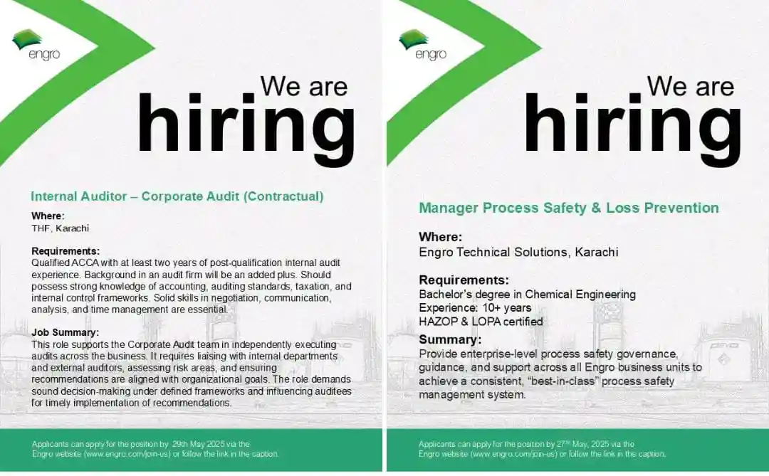 Visit the Engro careers page www.engro.comjoin-us.
Select the desired position (Internal Auditor or Manager Process Safety).