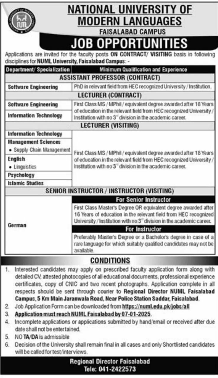 NUML Faisalabad Jobs 2025 Download Application Form Jobs Observer