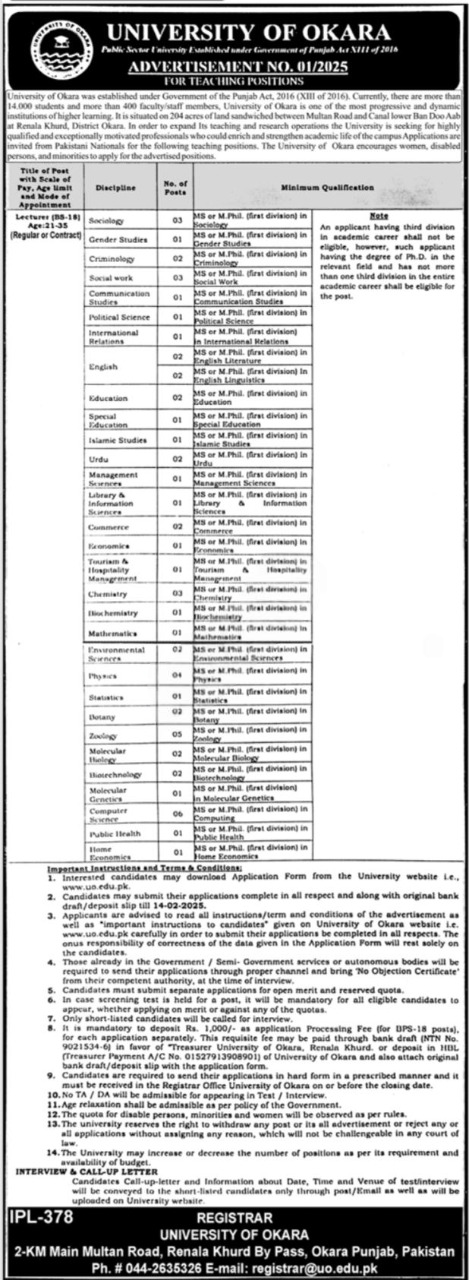 University Of Okara Lecturer Jobs 2025 Advertisement