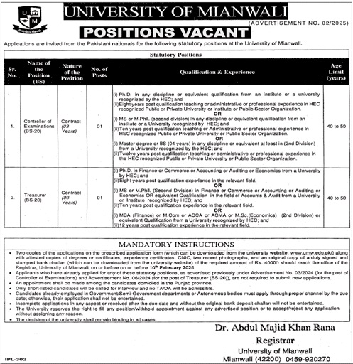 University of Mianwali Jobs 202 Advertisement