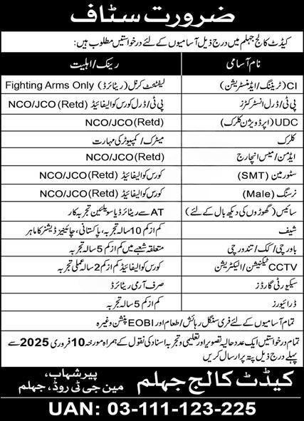 Cadet College Jhelum Jobs 2025 Advertisement