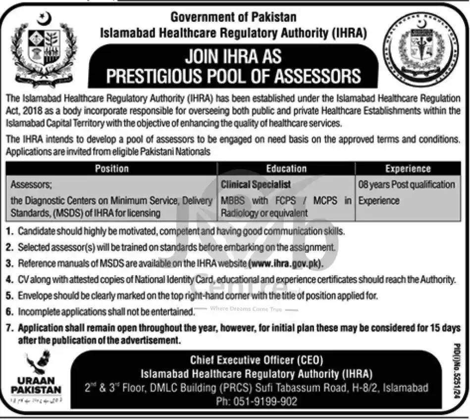 Advertisement of Islamabad Health Care Regulatory Authority IHRA Jobs 2025 Today