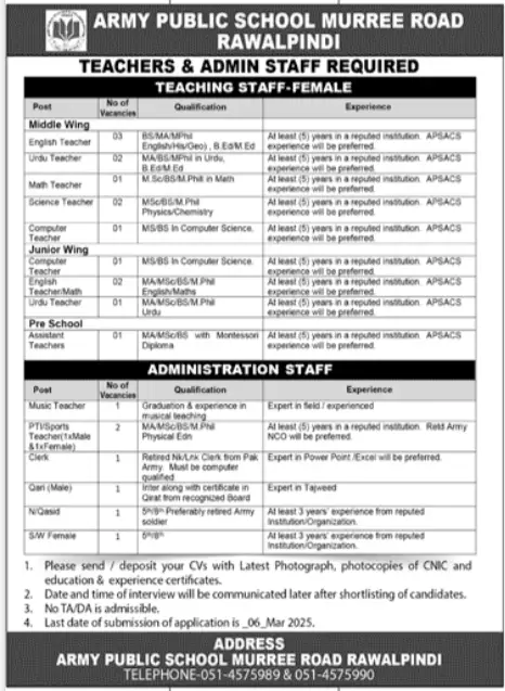 Army Public School Jobs 2025 Advertisement