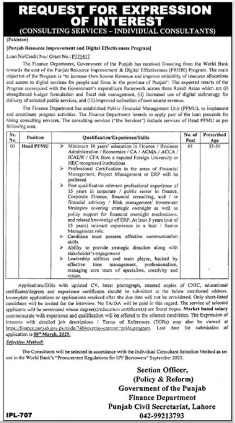 Finance Department Lahore Jobs 2025 Advertisement