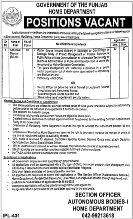 Home Department Punjab Jobs 2025 Advertisement