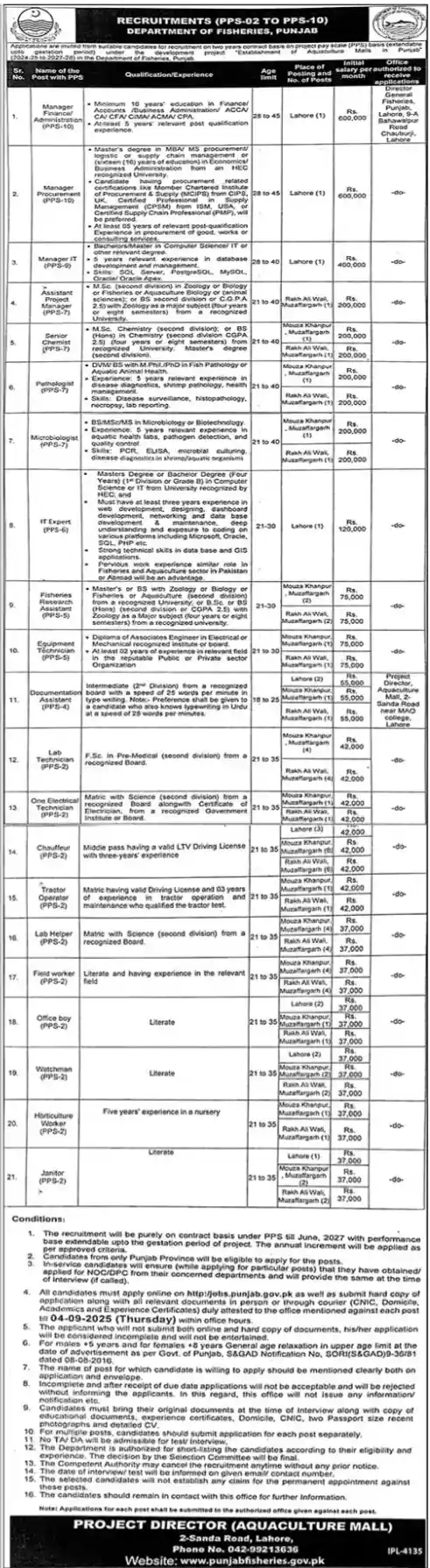 Fisheries Department Punjab Jobs 2025 Today Advertisement