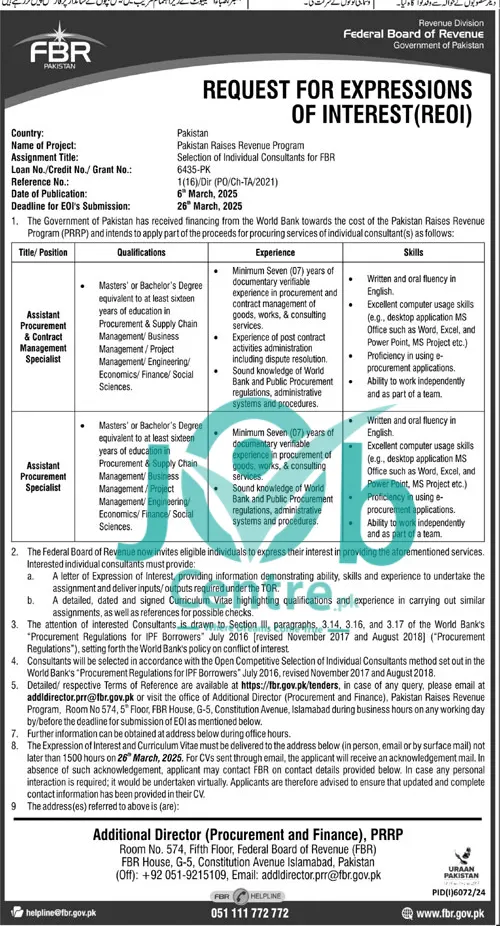 Federal Board Of Revenue Islamabad Jobs 2025 Today Advertisement