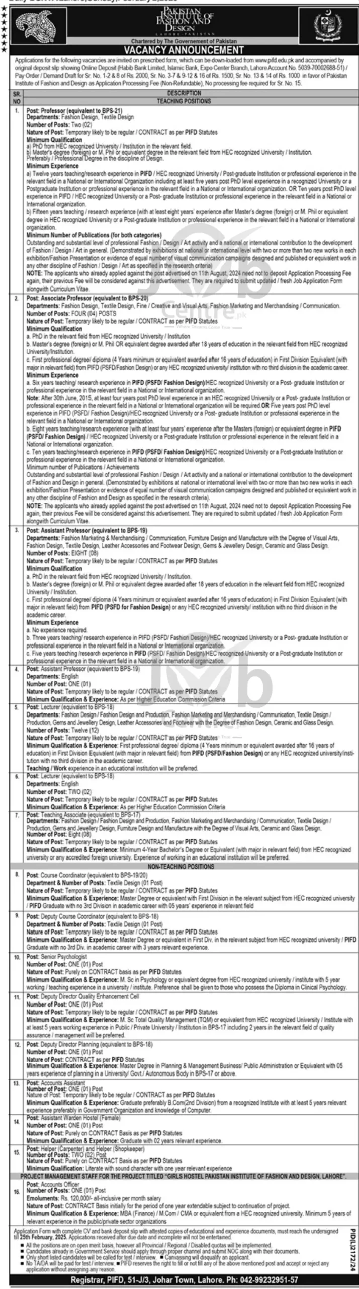 Pakistan Institute of Fashion and Design Jobs 2025 Advertisement