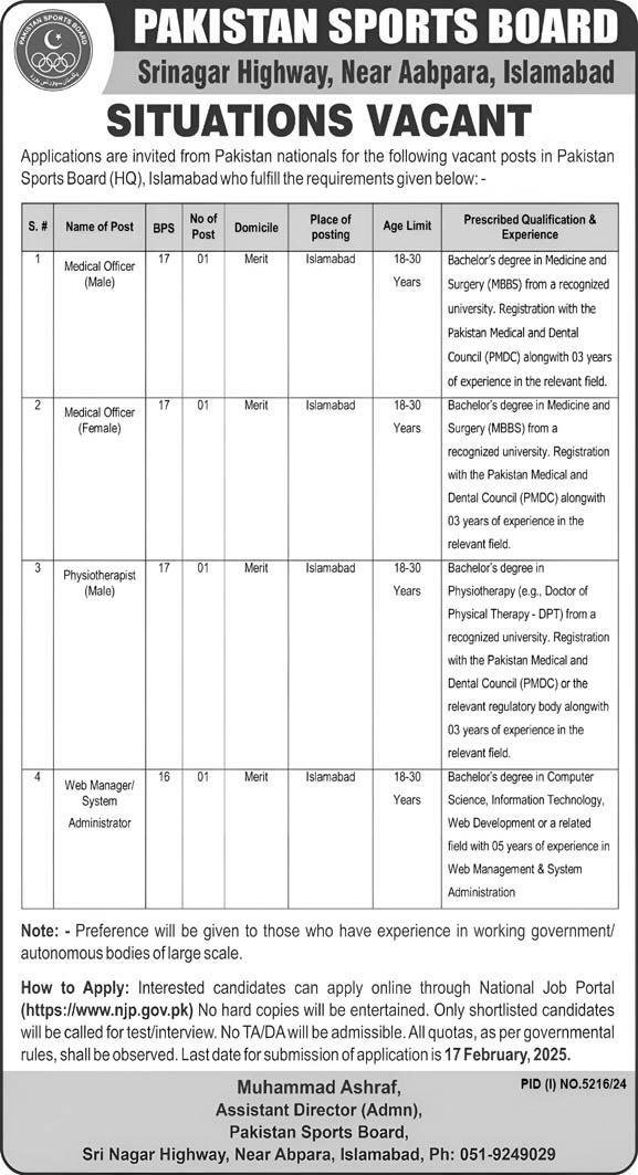 Pakistan Sports Board PSB Jobs 2025 Advertisement