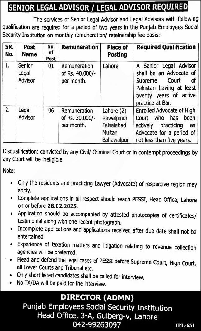 Punjab Employees Social Security Institution Jobs 2025 Advertisement