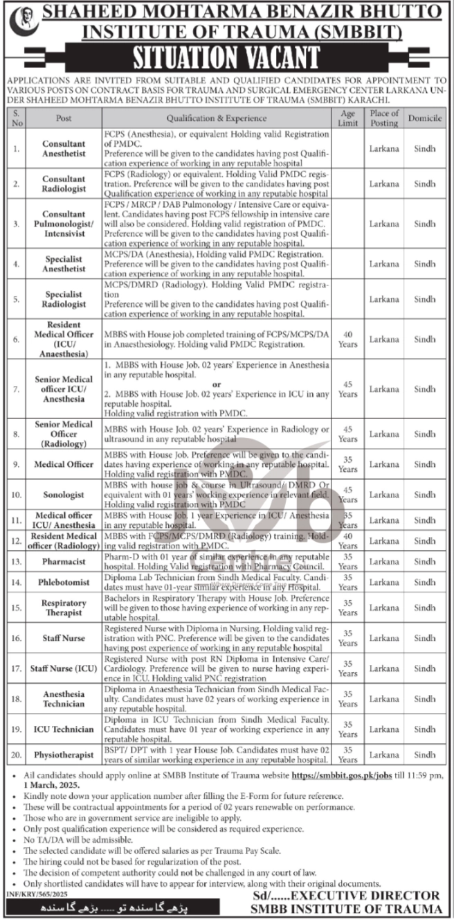 Shaheed Mohtarma Benazir Bhutto Institute of Trauma SMBBIT Jobs 2025 Advertisement