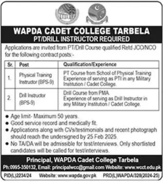 WAPDA Cadet College Tarbela WCCT Jobs 2025 Advertisement