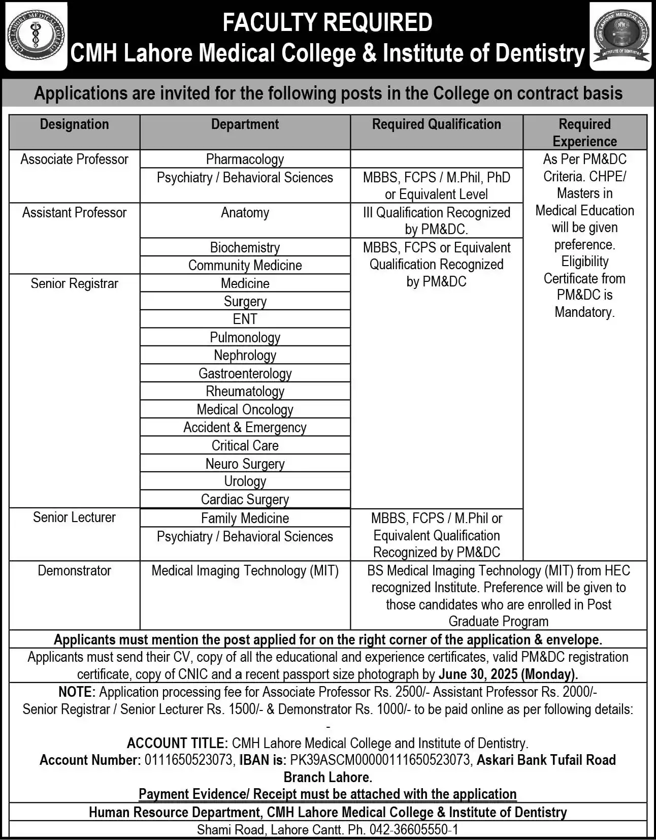 CMH Lahore Jobs 2025 Today Advertisement