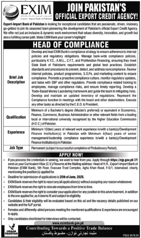 Exim Import Bank of Pakistan Jobs 2025 Today Advertisement