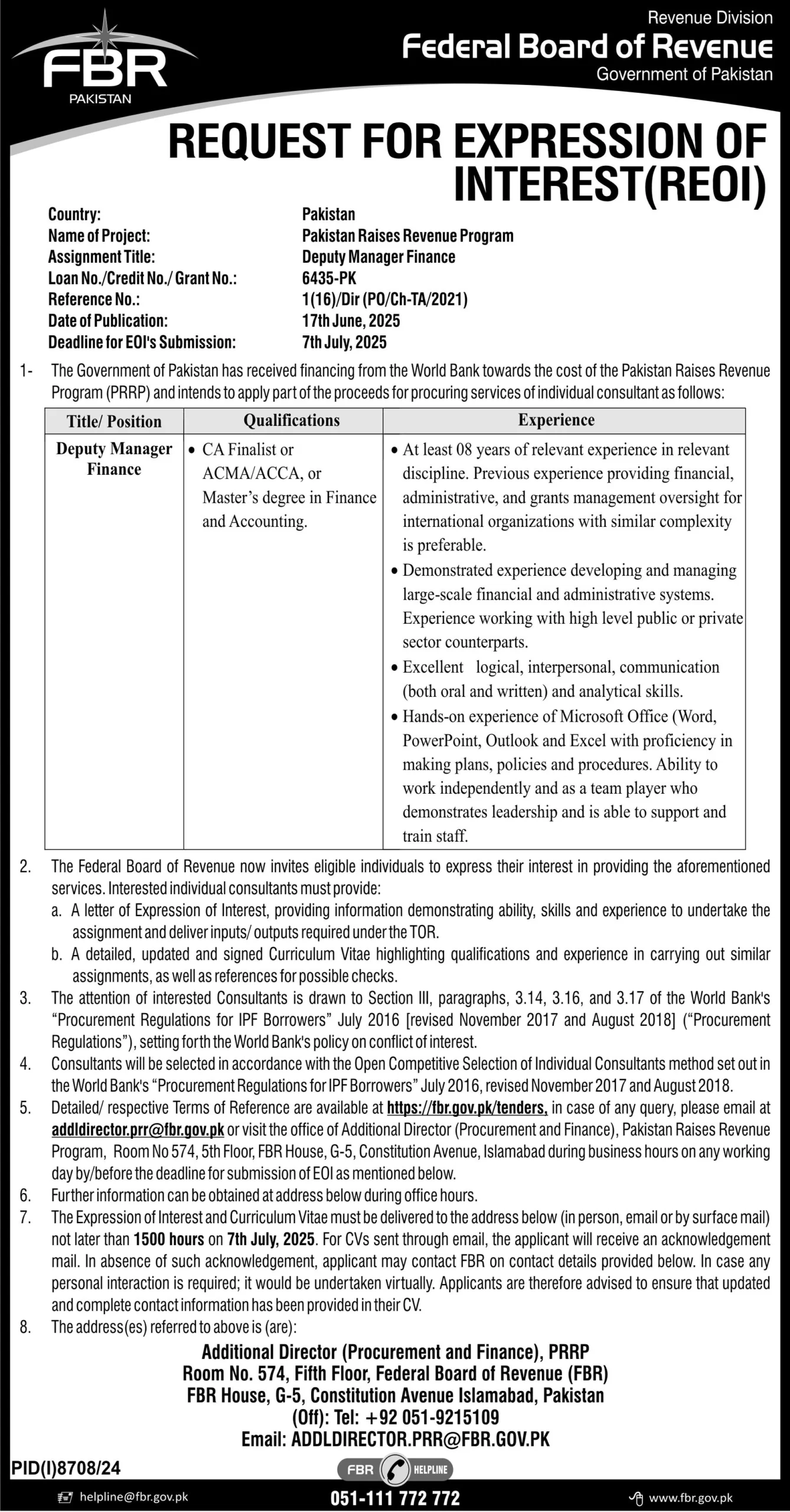 Federal Board Of Revenue FBR Jobs 2025 Latest Advertisement