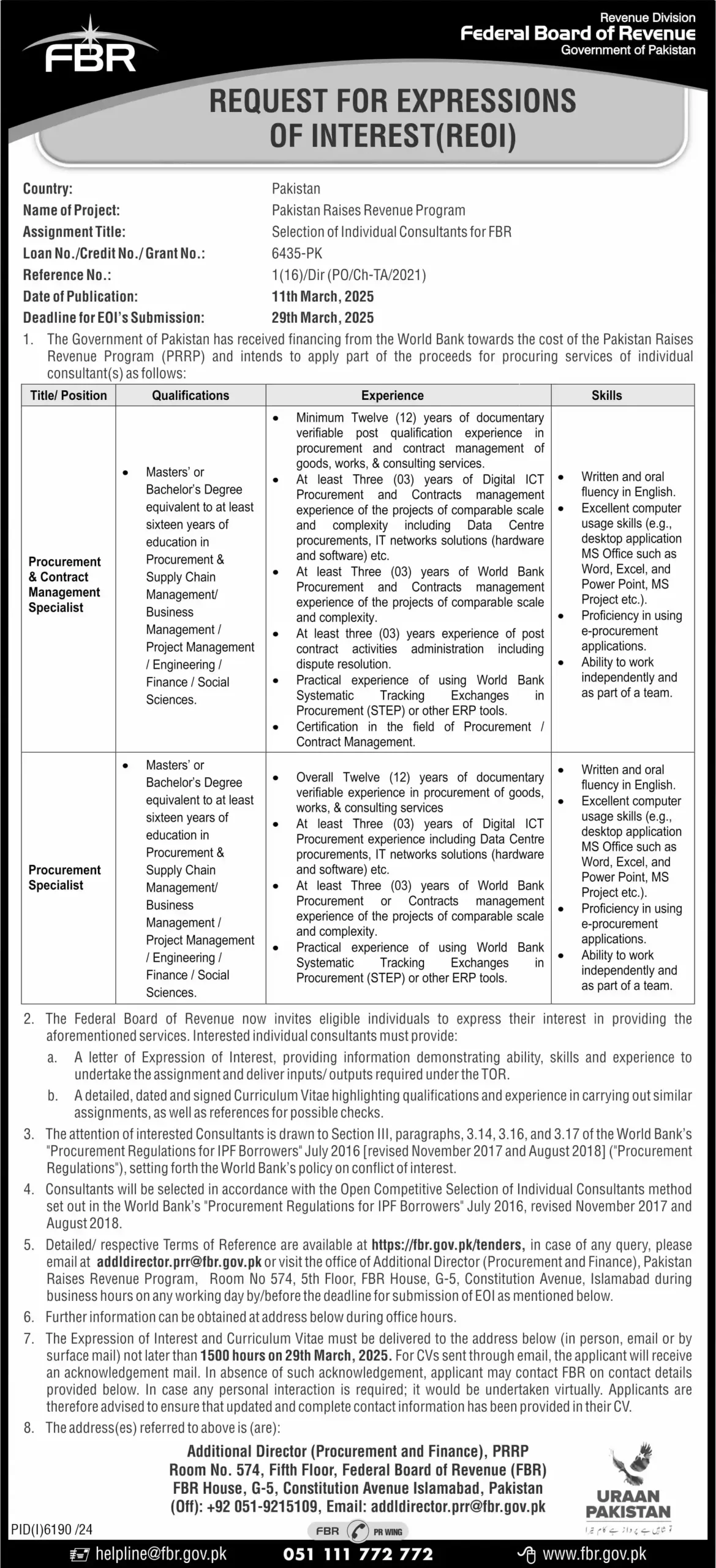 Federal Board Of Revenue Islamabad Jobs 2025 Today Advertisement