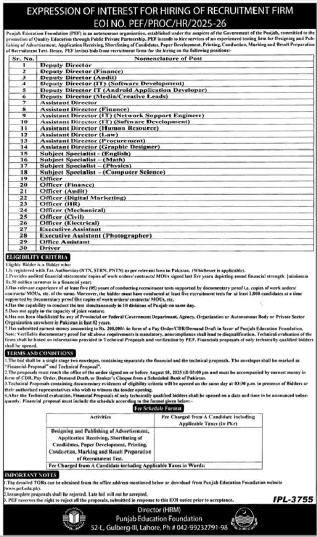 Punjab Education Foundation PEF December Jobs 2025 Latest Advertisement