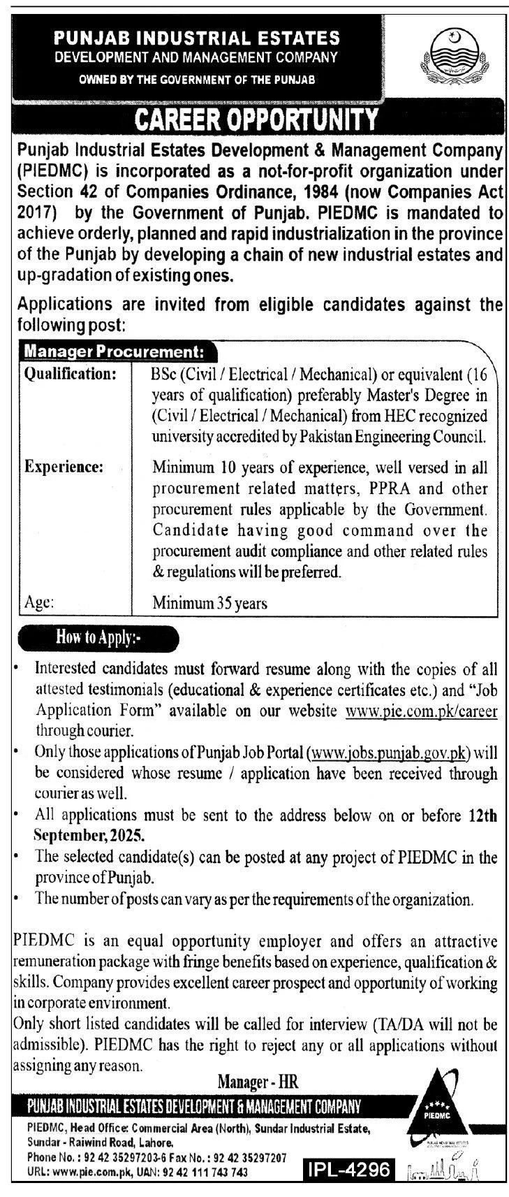 Punjab Industrial Estates Development and Management Company  jobs 2025 Today Advertisement