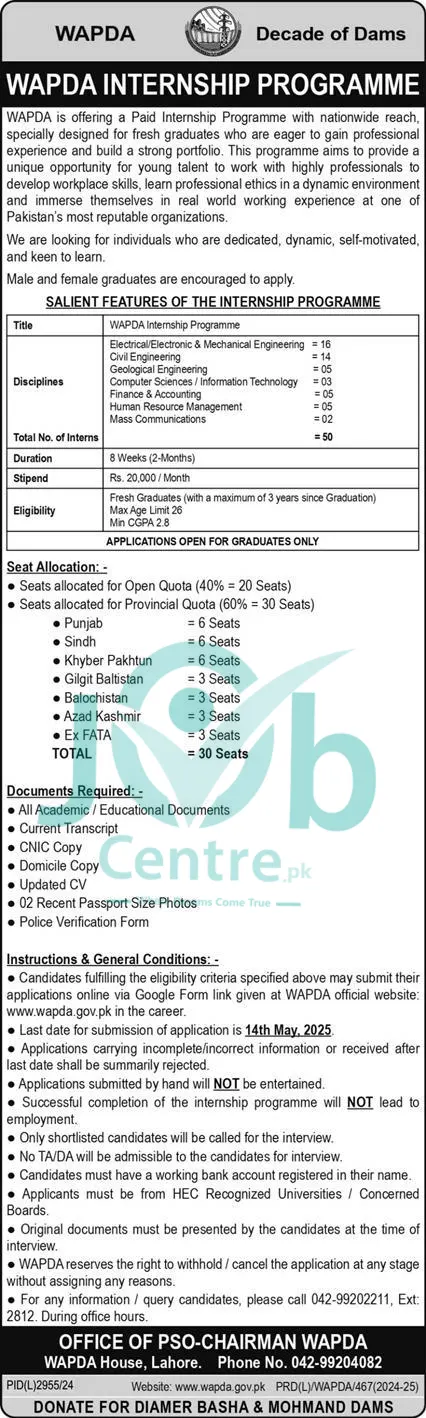 Internship Opportunity at WAPDA in Pakistan 2025 Advertisement