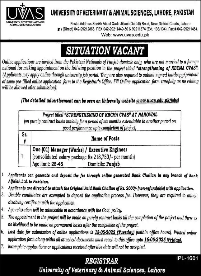 University of Veterinary and Animal Sciences Jobs 2025 Latest Advertisement