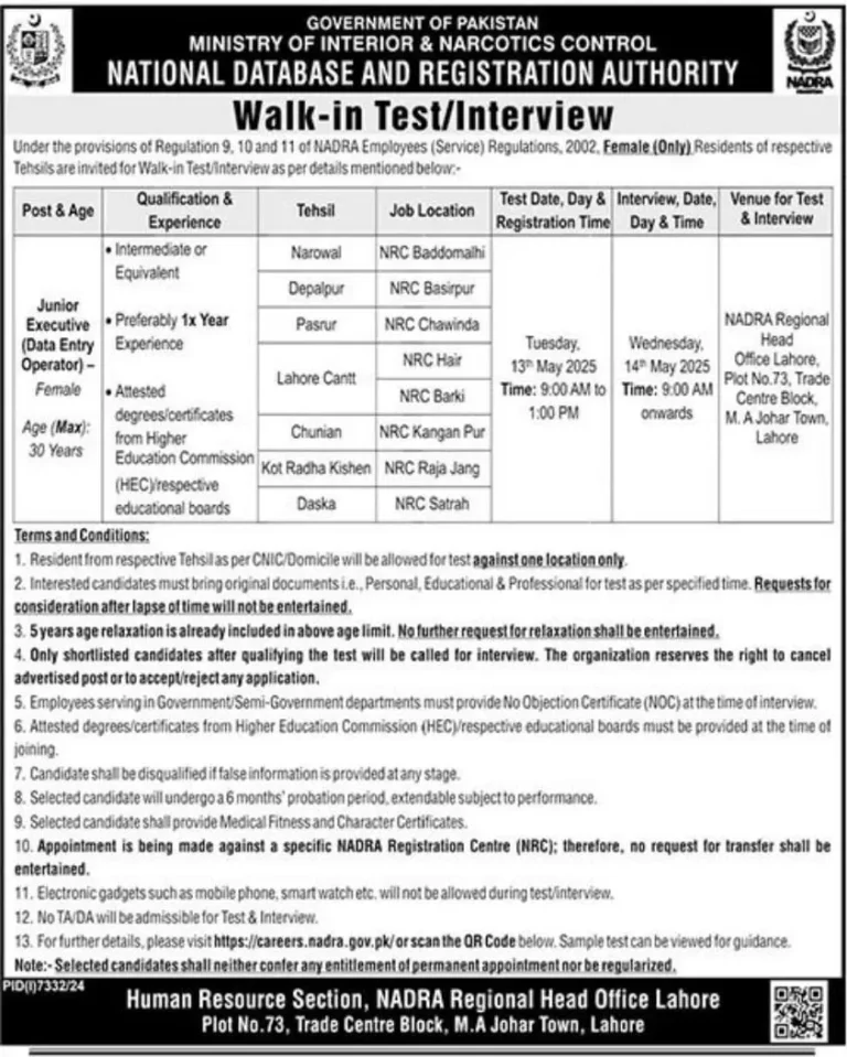 NADRA Walk-In Interview Jobs 2025 Advertisement