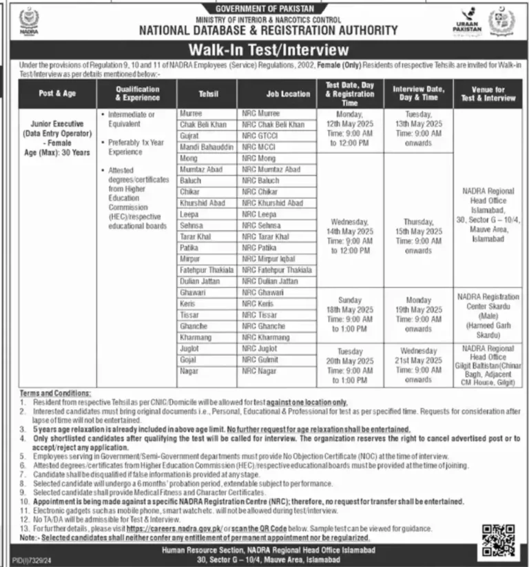 NADRA Walk-In Interview Jobs 2025 Advertisement