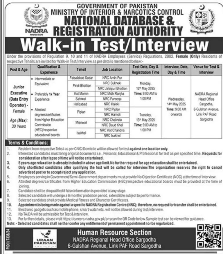 NADRA Walk-In Interview Jobs 2025 Advertisement