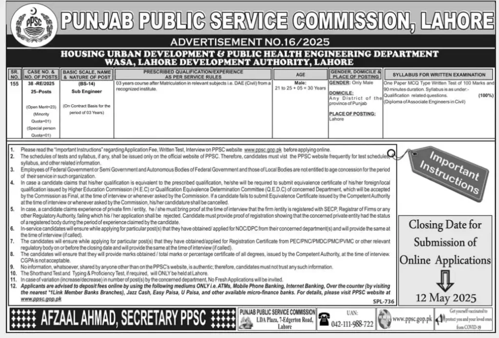 PPSC Jobs New Advertisement No 162025 Advertisement