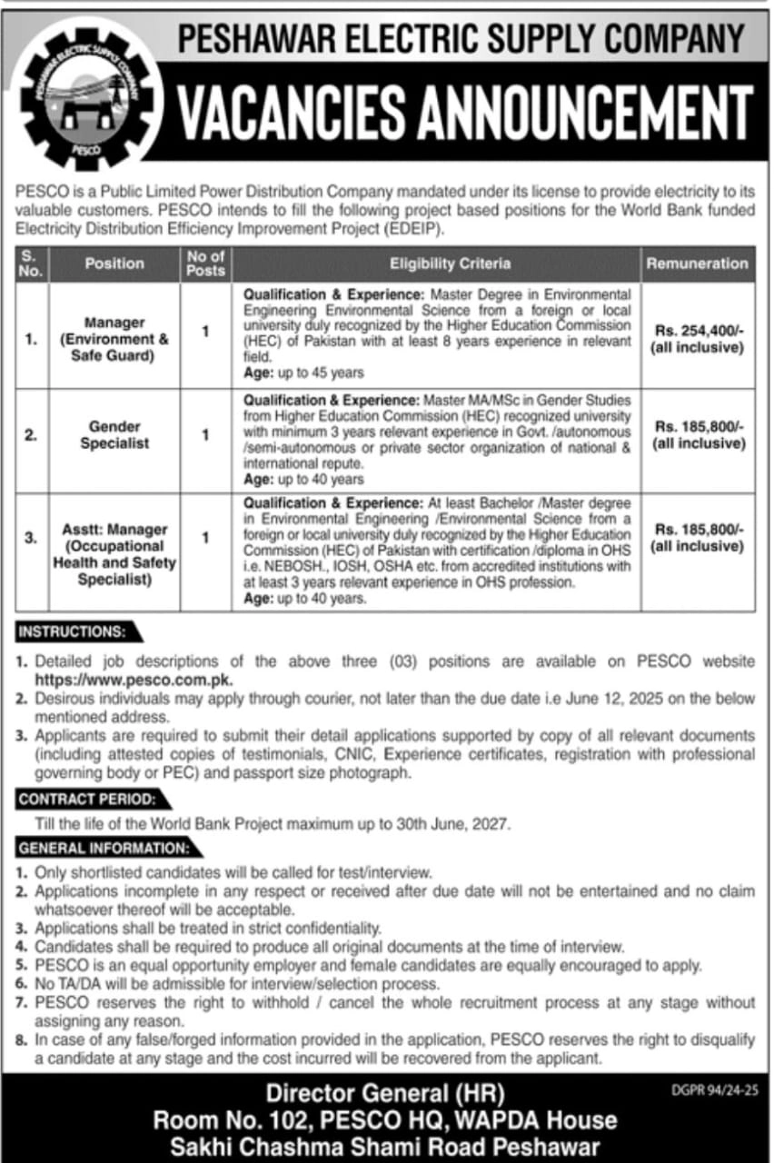 lastest PESCO Jobs 2025 Latest Advertisement