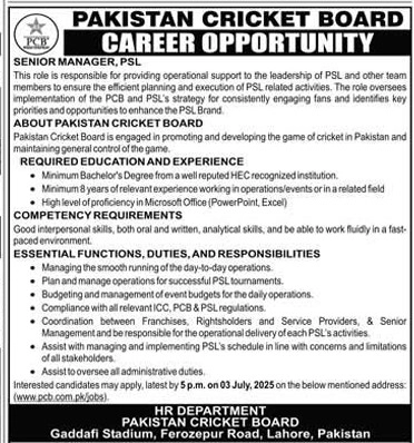 Pakistan Cricket Board PCB Career 2025 Today Advertisement
