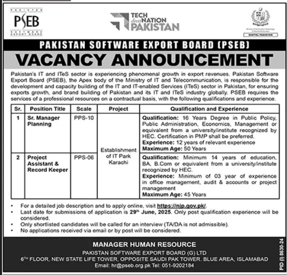 PSEB Islamabad Jobs 2025 Today Advertisement