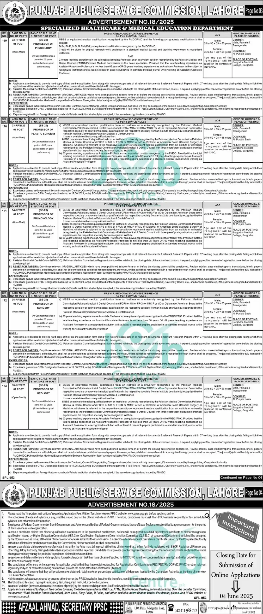 Punjab Public Service Commission PPSC Jobs Ad No 18/ 2025 Today Advertisement: Page # 3&4