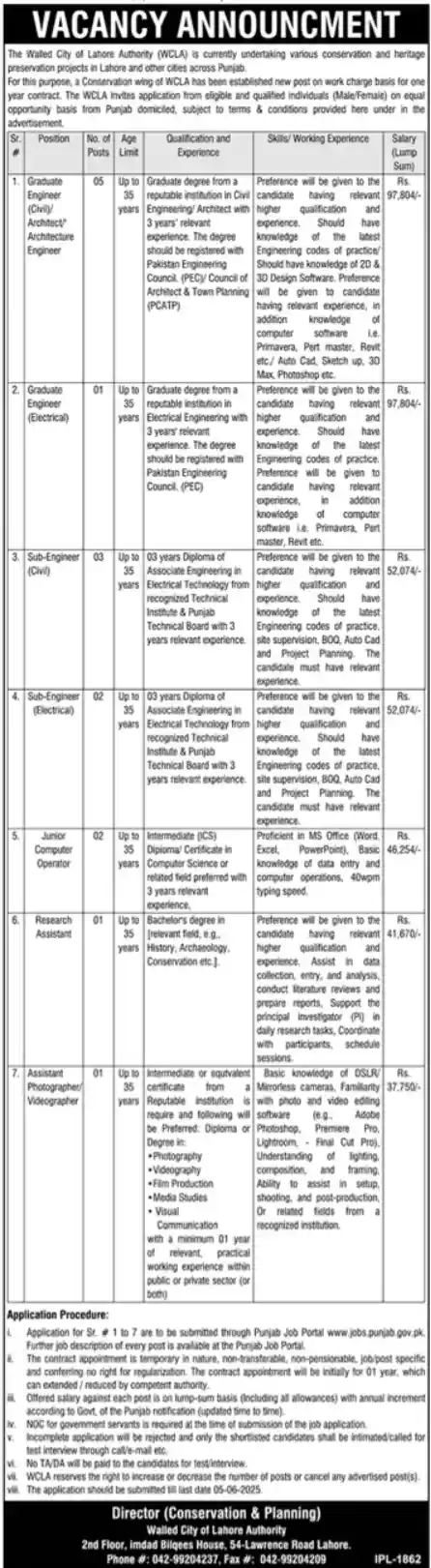Walled City Of Lahore Authority WCLA Jobs 2025 Today Advertisement