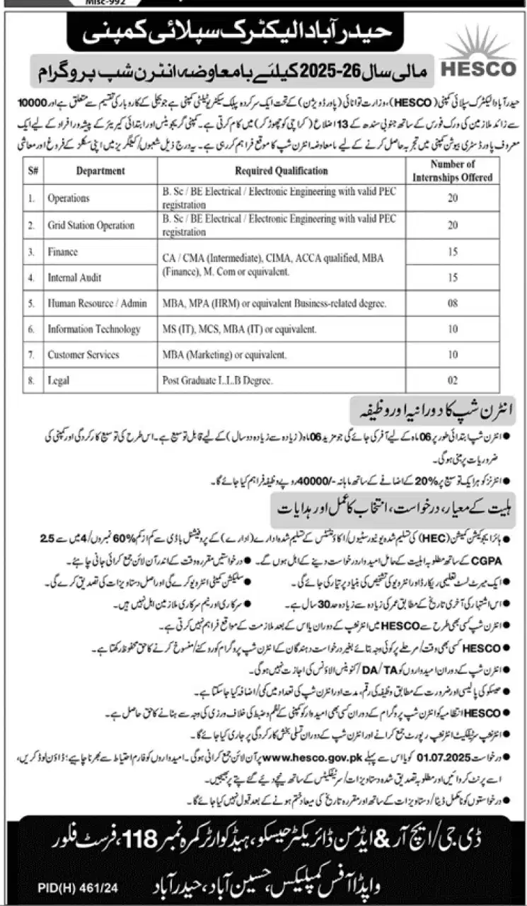 HESCO paid Internship jobs 2025 Advertisement