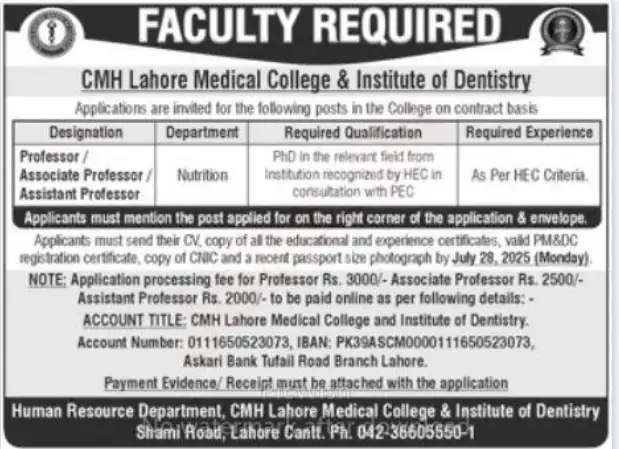 CMH Lahore Jobs 2025 Today Advertisement