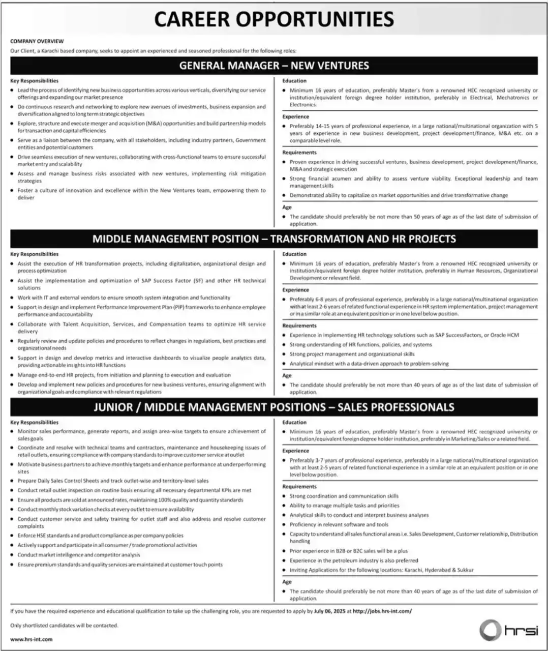Human Resource Solution International Jobs 2025 Today Advertisement