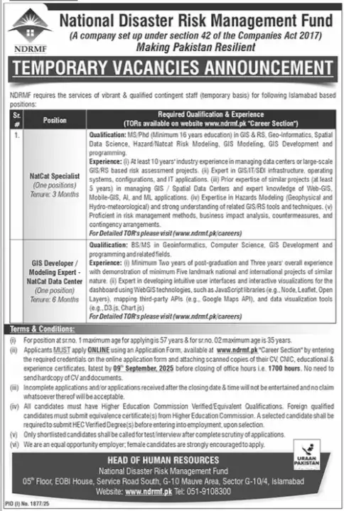 NDRMF Consultants Jobs 2025 Today Advertisement