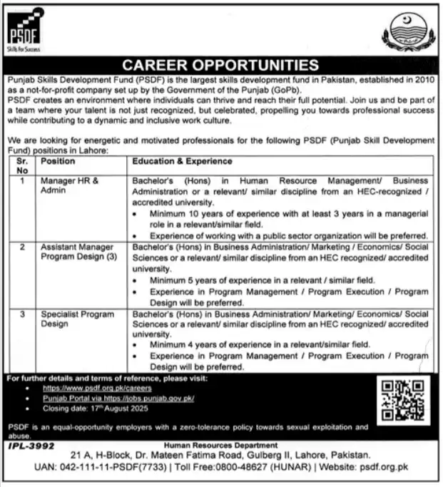 PSDF Lahore Jobs 2025 Today Advertisement