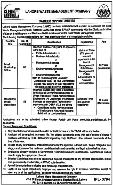 Lahore Waste Management Company Jobs 2025 Today Advertisement