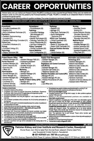 Pakistan Kidney and Liver Institute Jobs 2025 Latest Advertisement