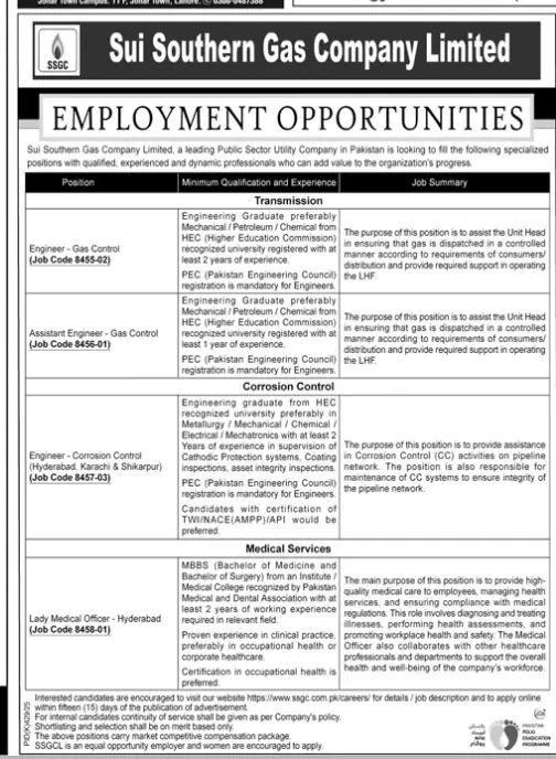 Sui Southern Gas Company Limited SSGC Jobs 2025 Latest Advertisement