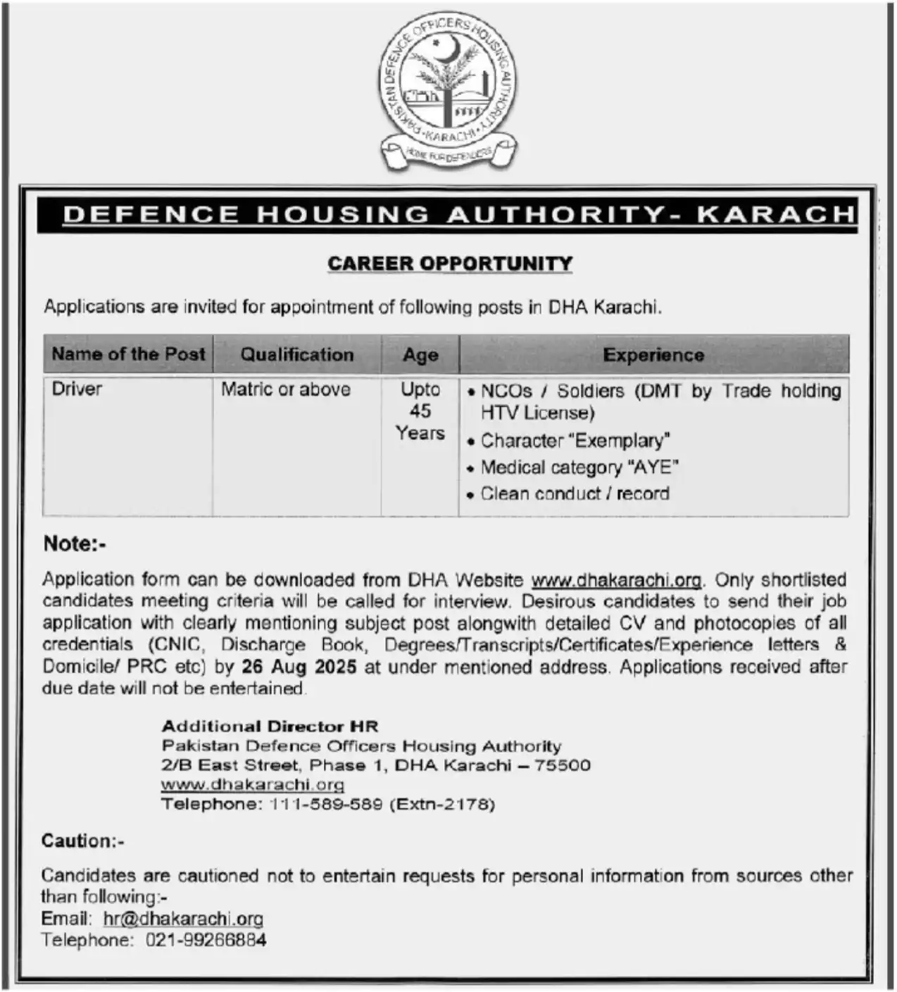 Advertisement of Defence Housing Authority DHA Jobs 2025 Today